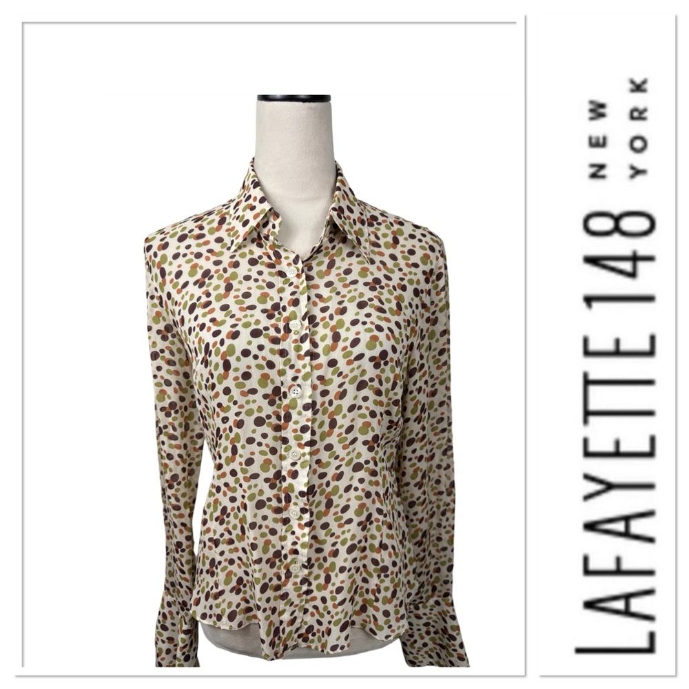 Lafayette 148 silk oval dot pattern button up top size 8